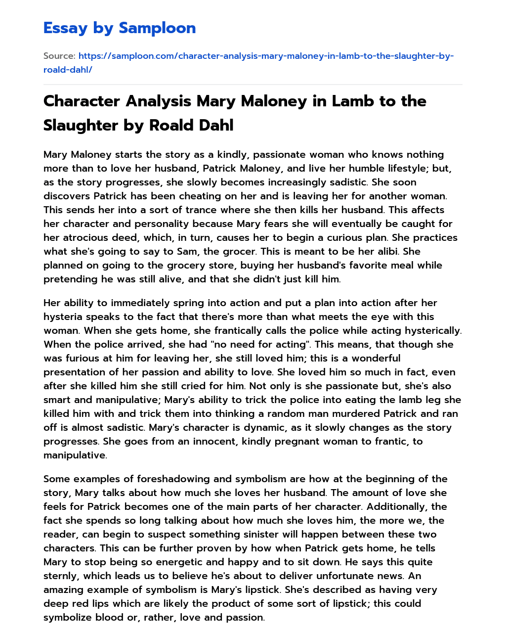 Character Analysis Mary Maloney in Lamb to the Slaughter by Roald Dahl essay