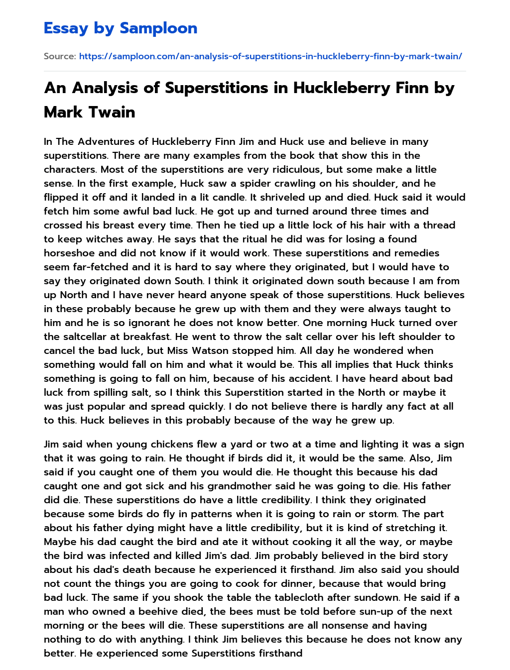An Analysis of Superstitions in Huckleberry Finn by Mark Twain essay