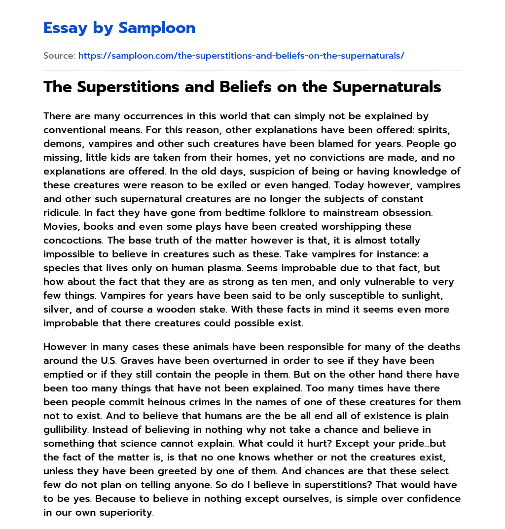 The Superstitions and Beliefs on the Supernaturals essay