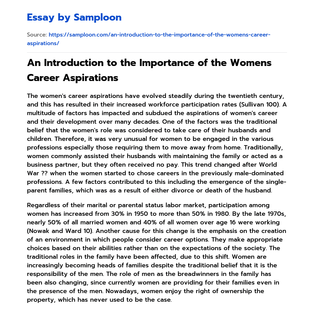 An Introduction to the Importance of the Womens Career Aspirations essay