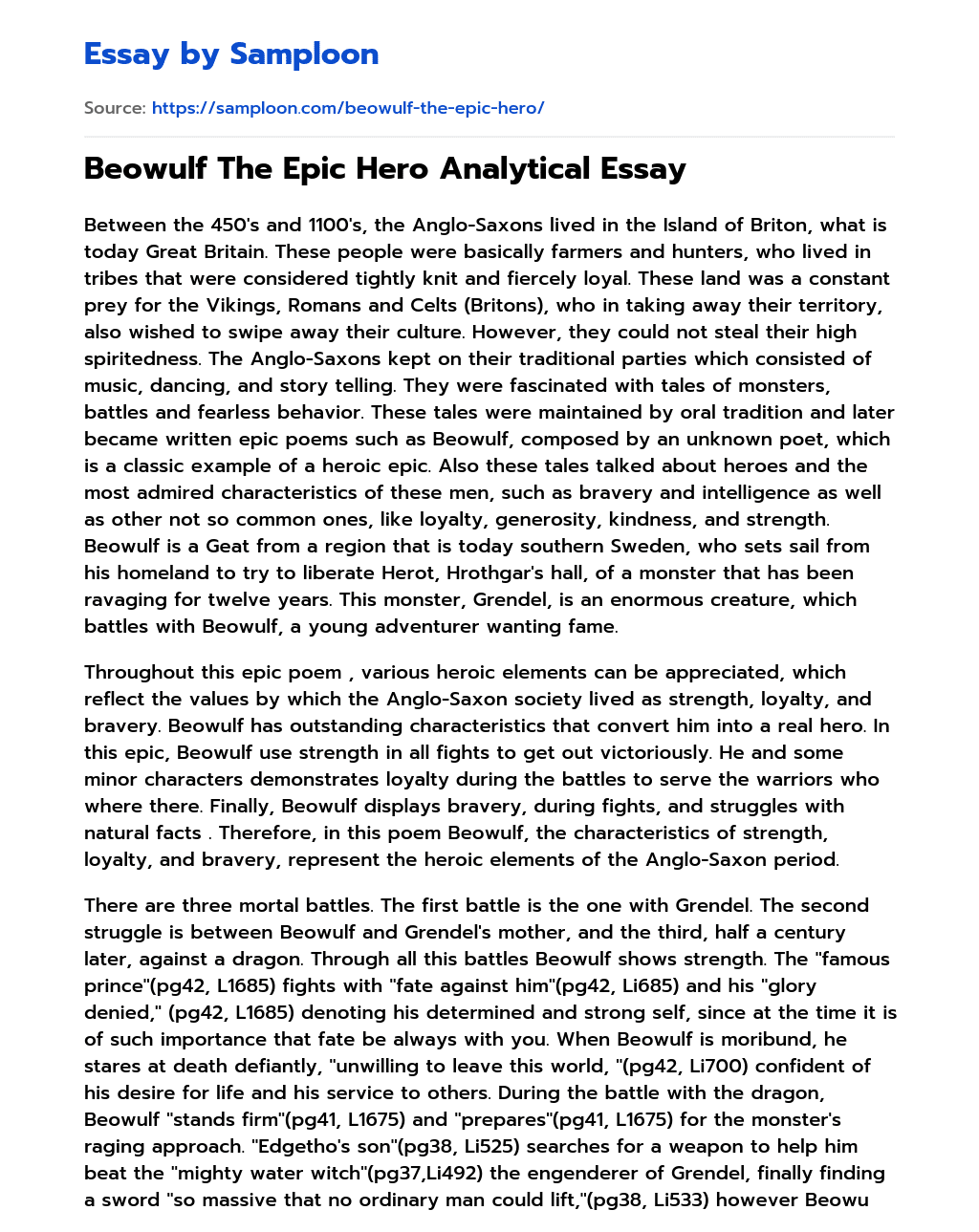 Beowulf The Epic Hero Analytical Essay essay