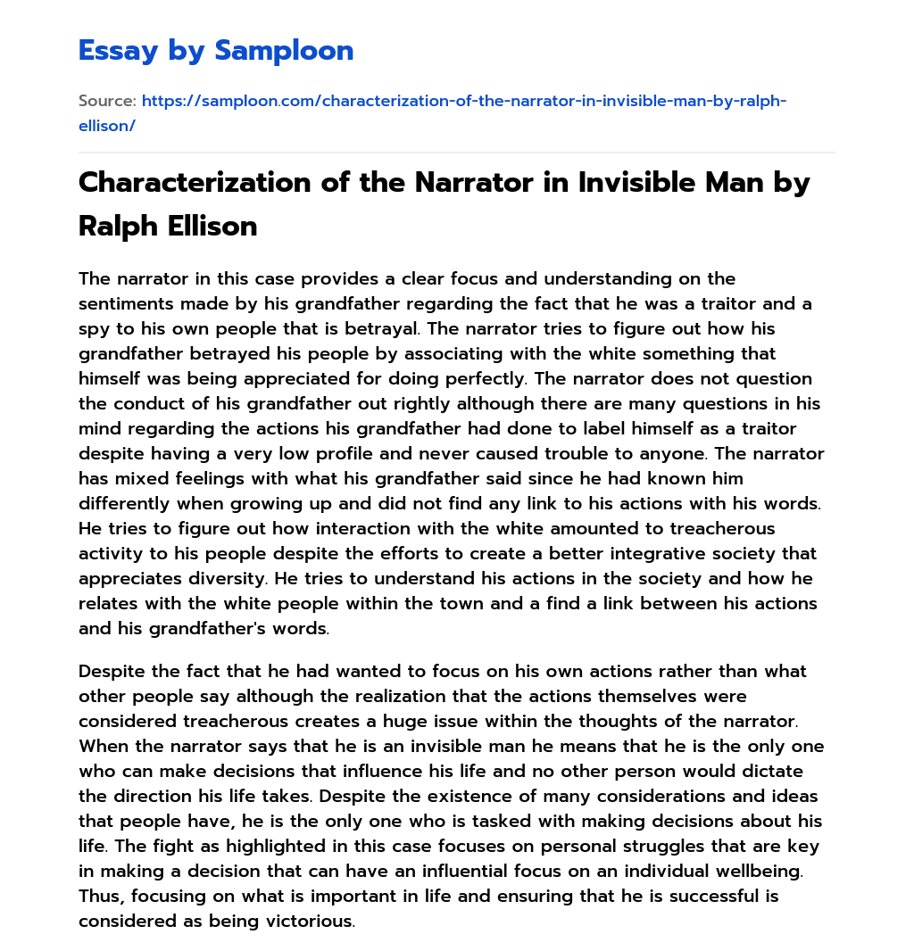 Characterization of the Narrator in Invisible Man by Ralph Ellison essay