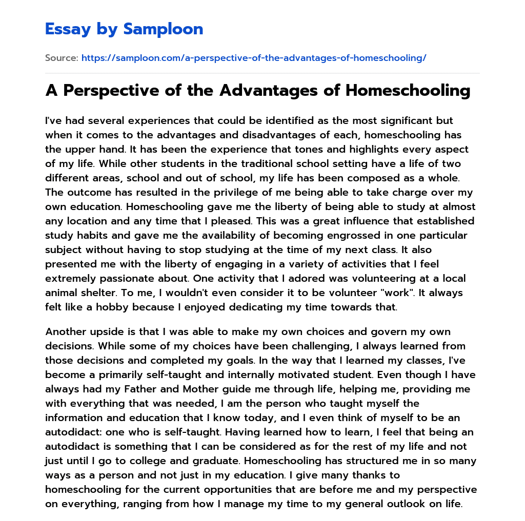 A Perspective of the Advantages of Homeschooling essay