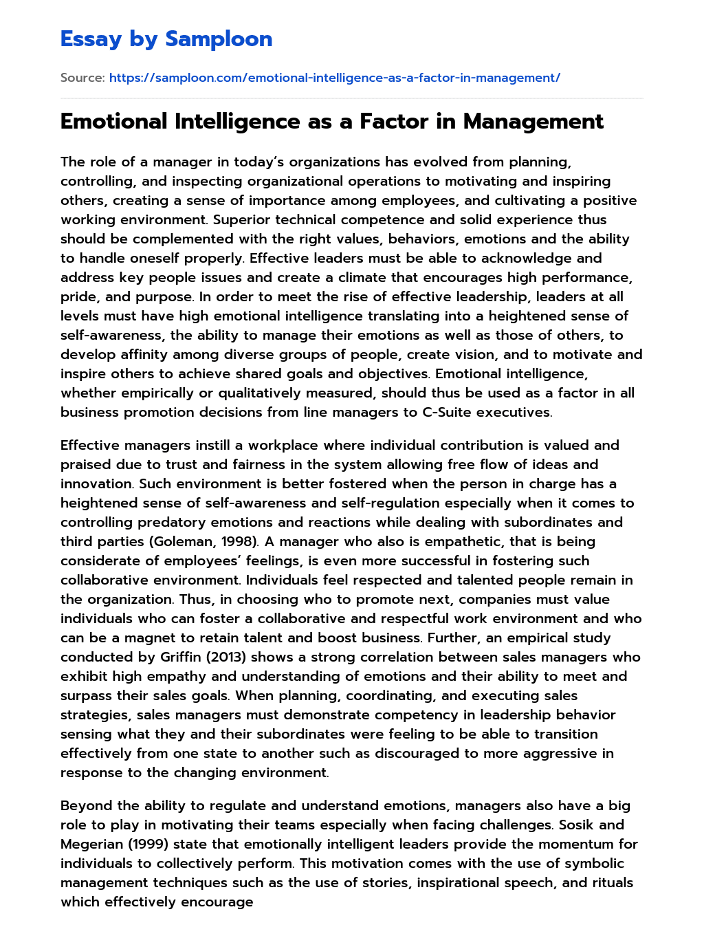 Emotional Intelligence as a Factor in Management essay