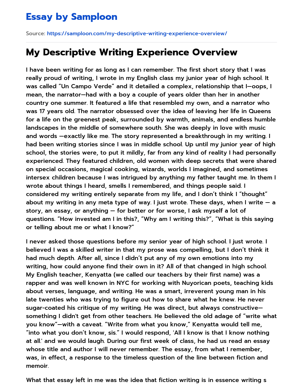 My Descriptive Writing Experience Overview essay