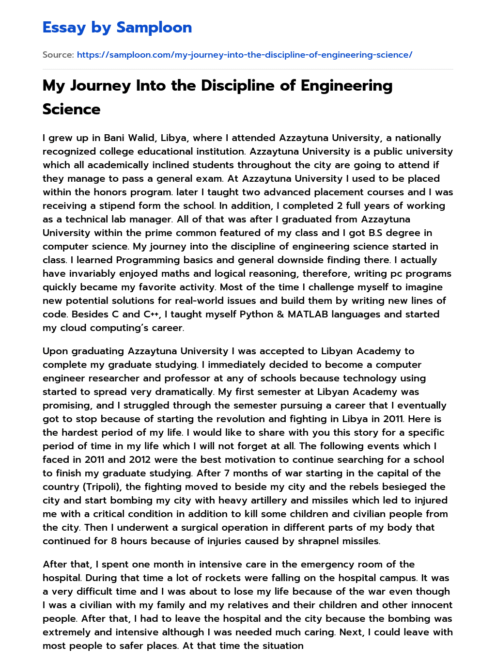 My Journey Into the Discipline of Engineering Science essay
