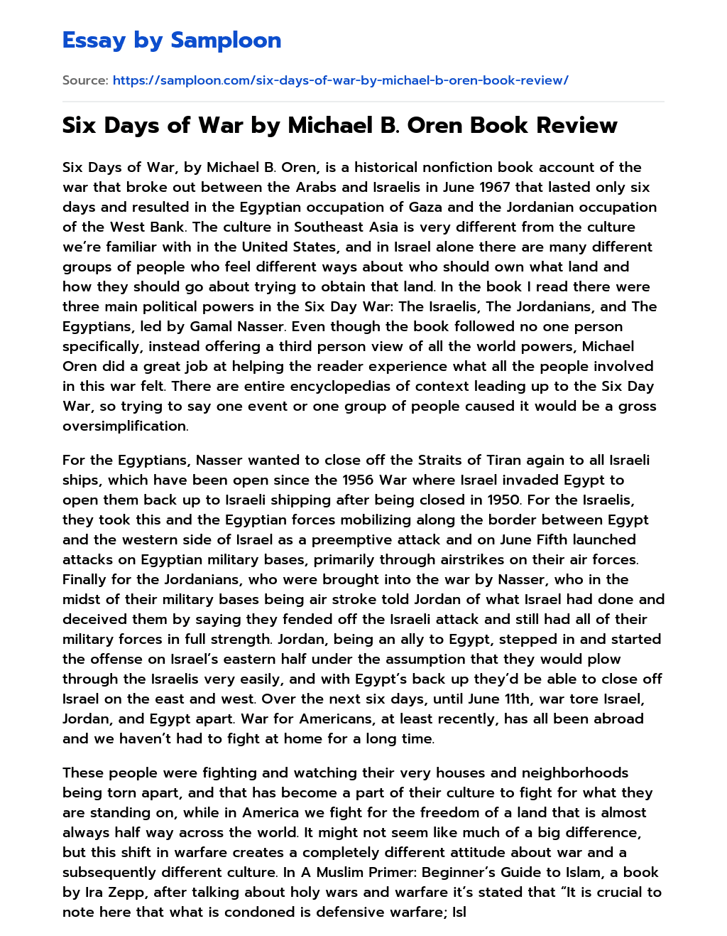 Six Days of War by Michael B. Oren Book Review essay