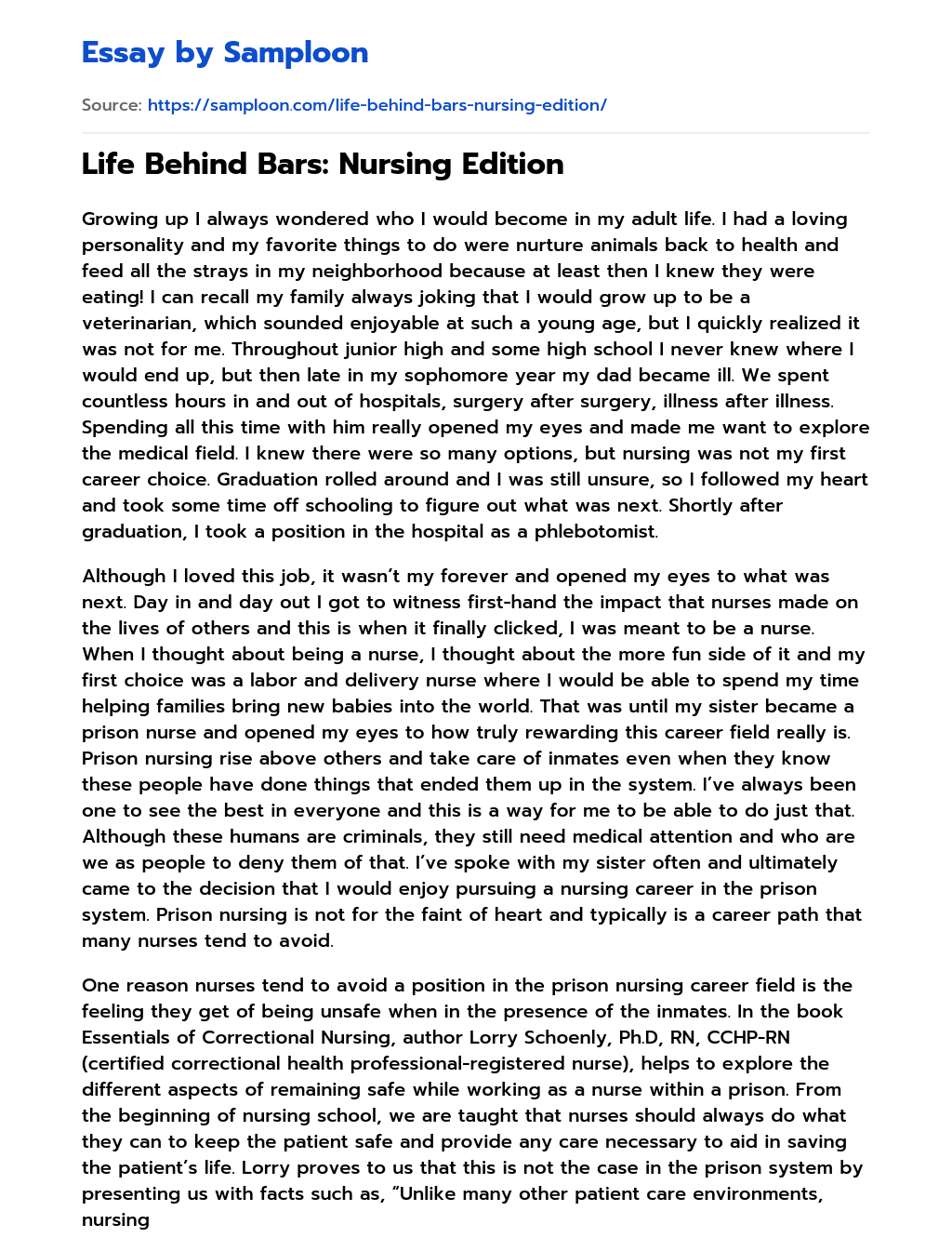 Life Behind Bars: Nursing Edition essay