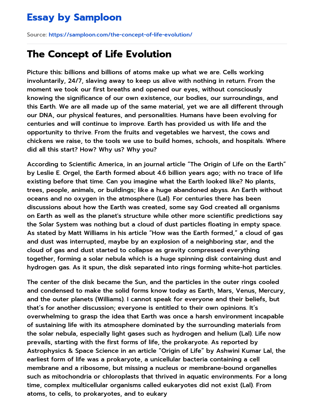 The Concept of Life Evolution essay