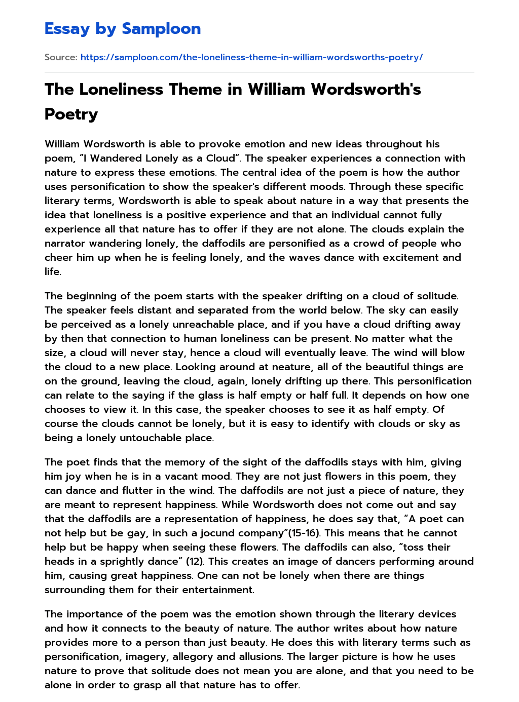The Loneliness Theme in William Wordsworth’s Poetry essay