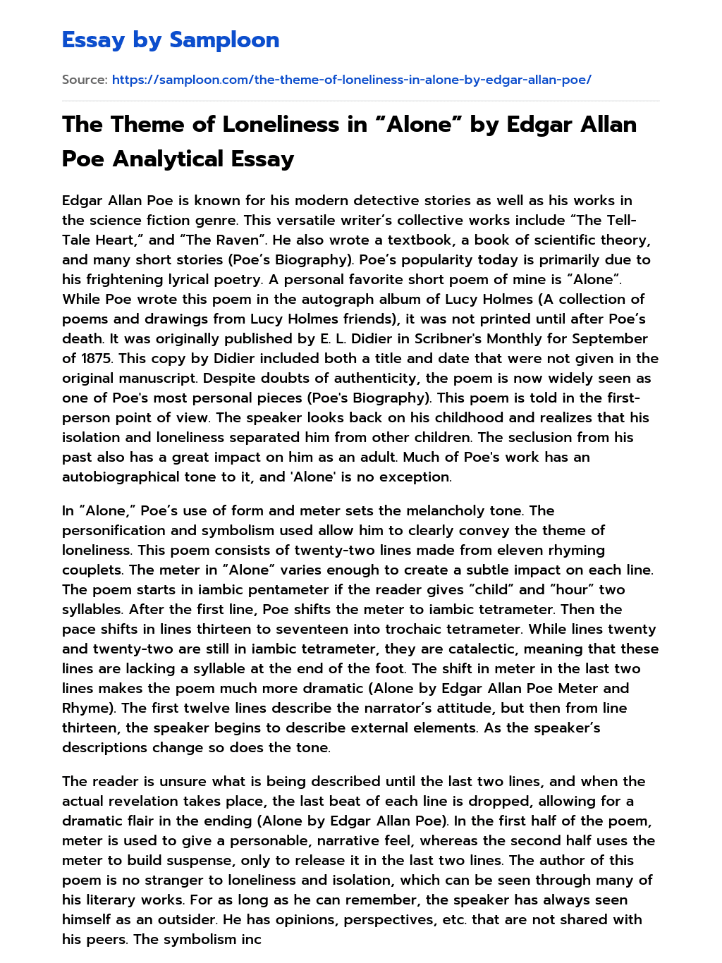 The Theme of Loneliness in “Alone” by Edgar Allan Poe Analytical Essay essay