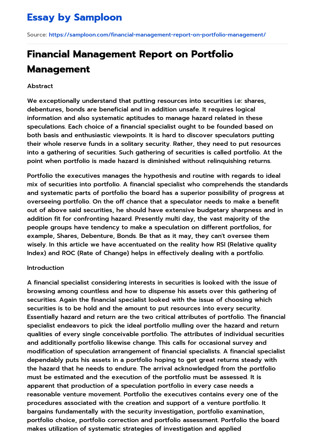Financial Management Report on Portfolio Management essay