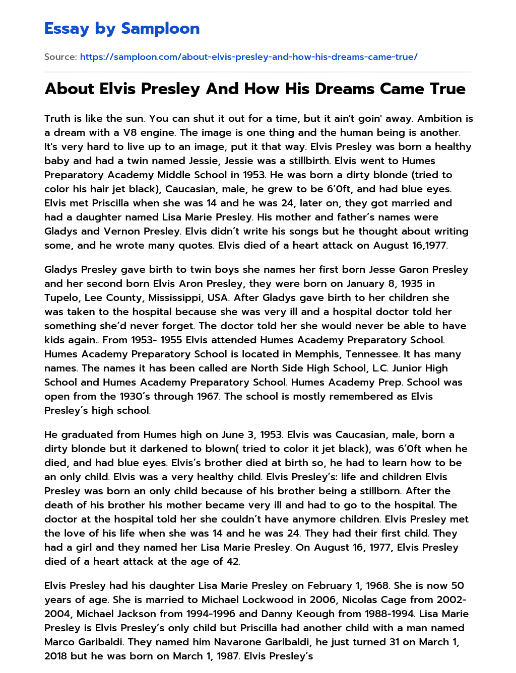 About Elvis Presley And How His Dreams Came True essay