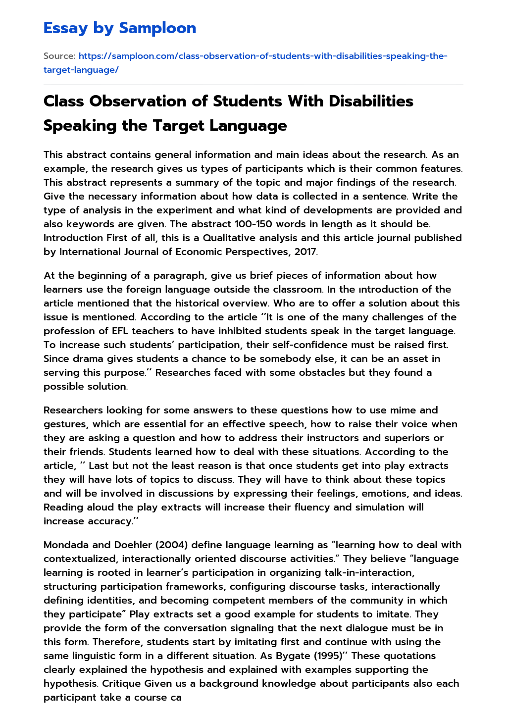 Class Observation of Students With Disabilities Speaking the Target Language essay