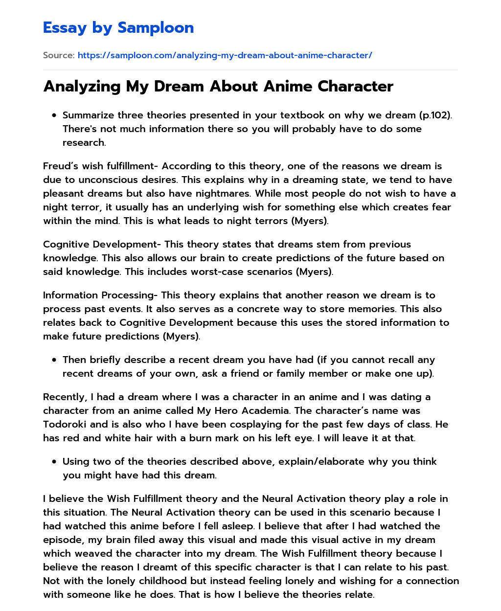 Analyzing My Dream About Anime Character essay