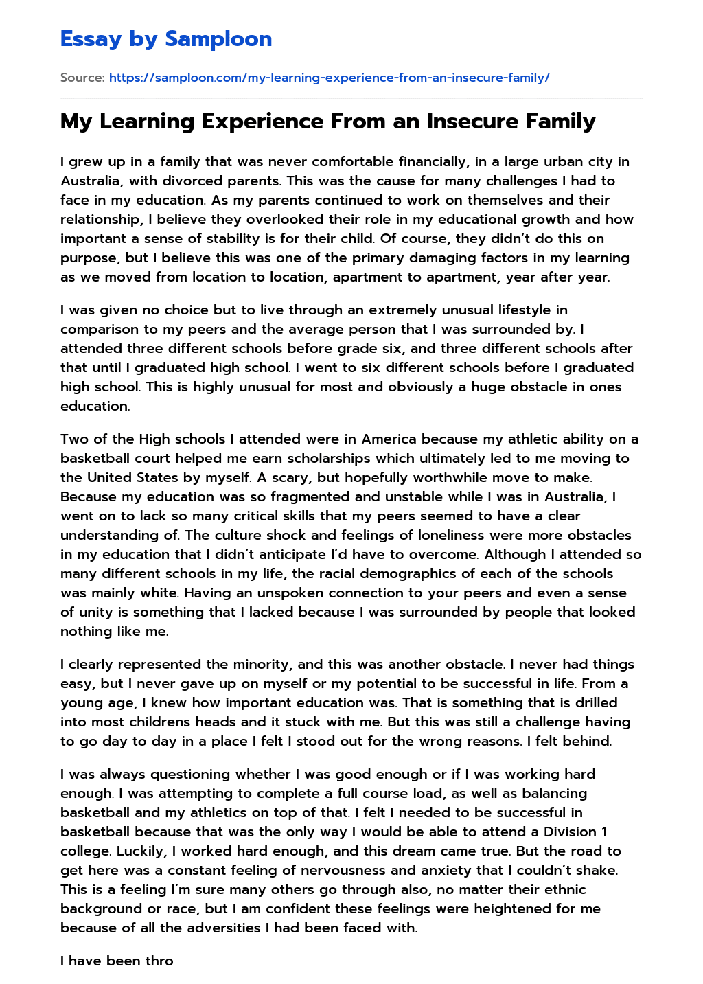 My Learning Experience From an Insecure Family essay
