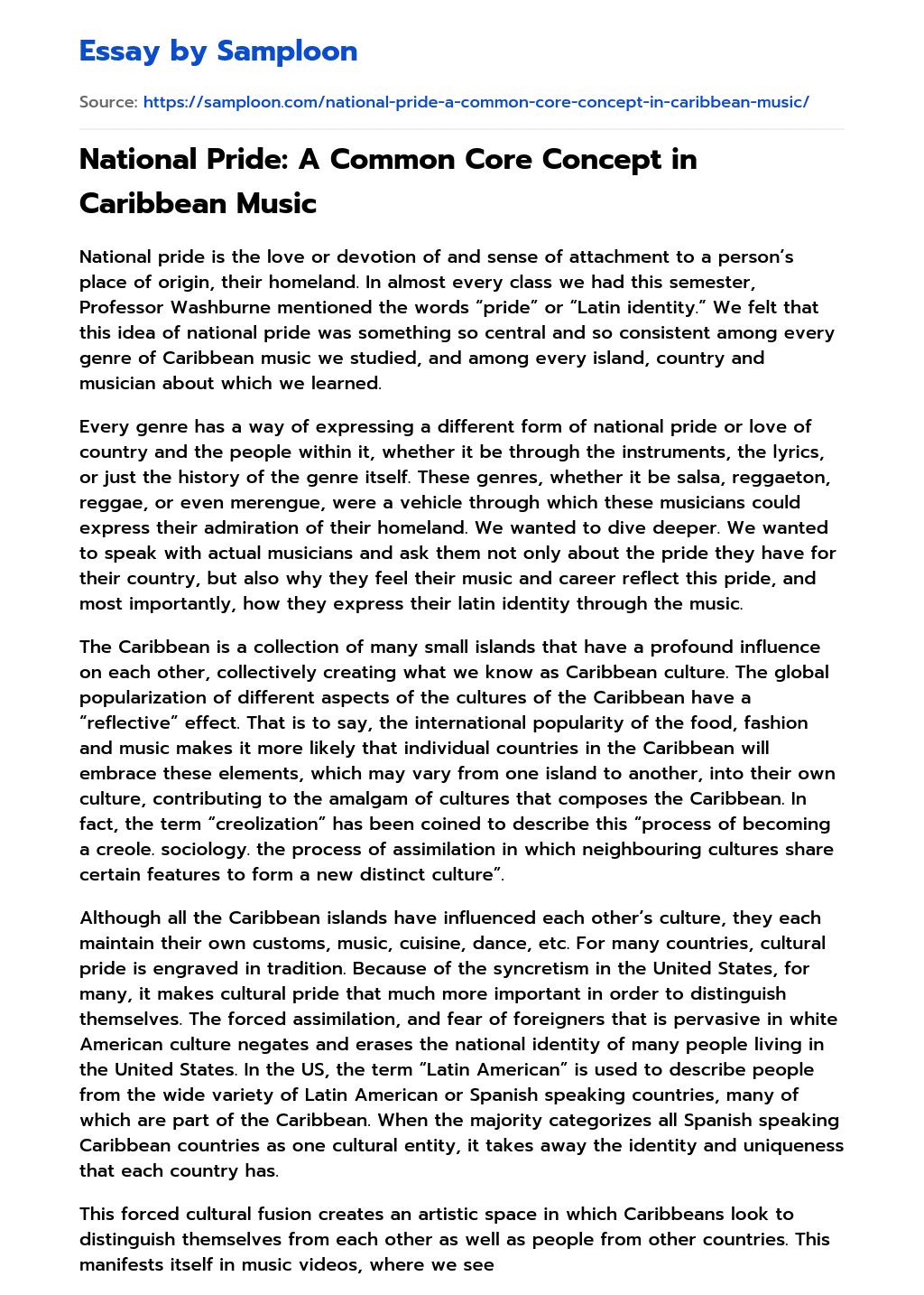 National Pride: A Common Core Concept in Caribbean Music essay