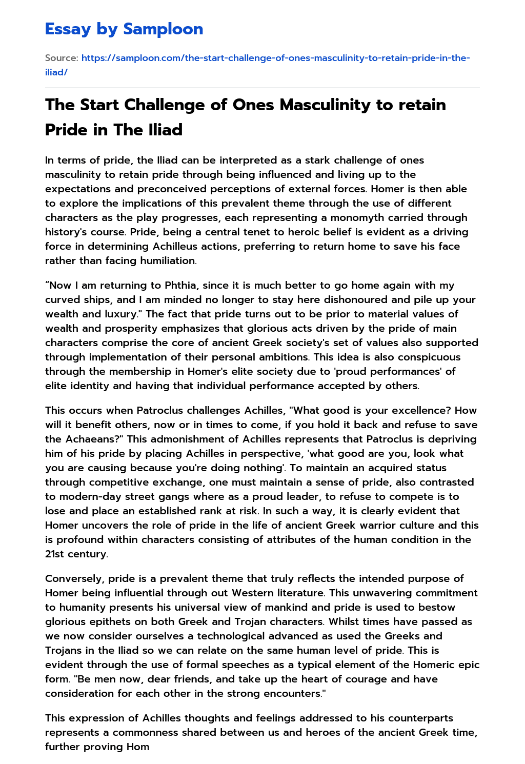 The Start Challenge of Ones Masculinity to retain Pride in The Iliad essay