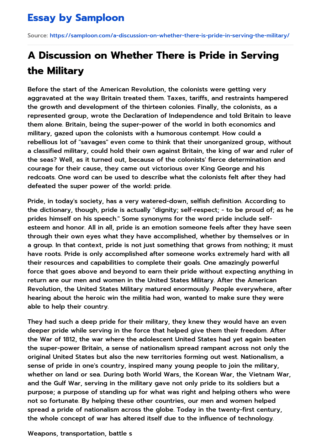 A Discussion on Whether There is Pride in Serving the Military essay