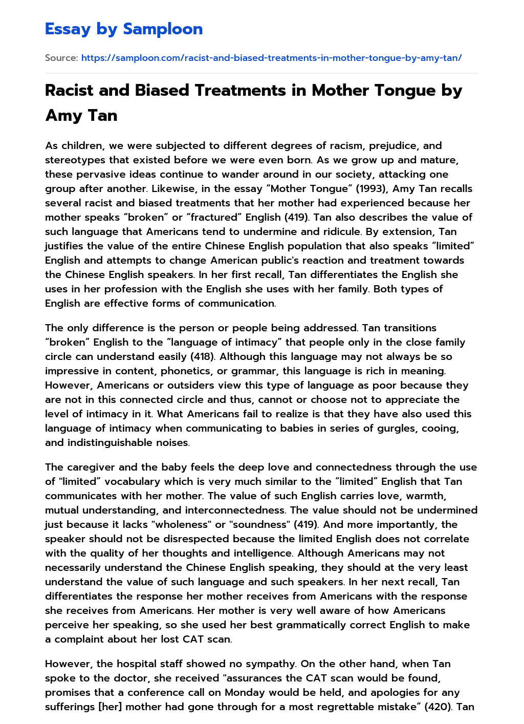 Racist and Biased Treatments in Mother Tongue by Amy Tan essay