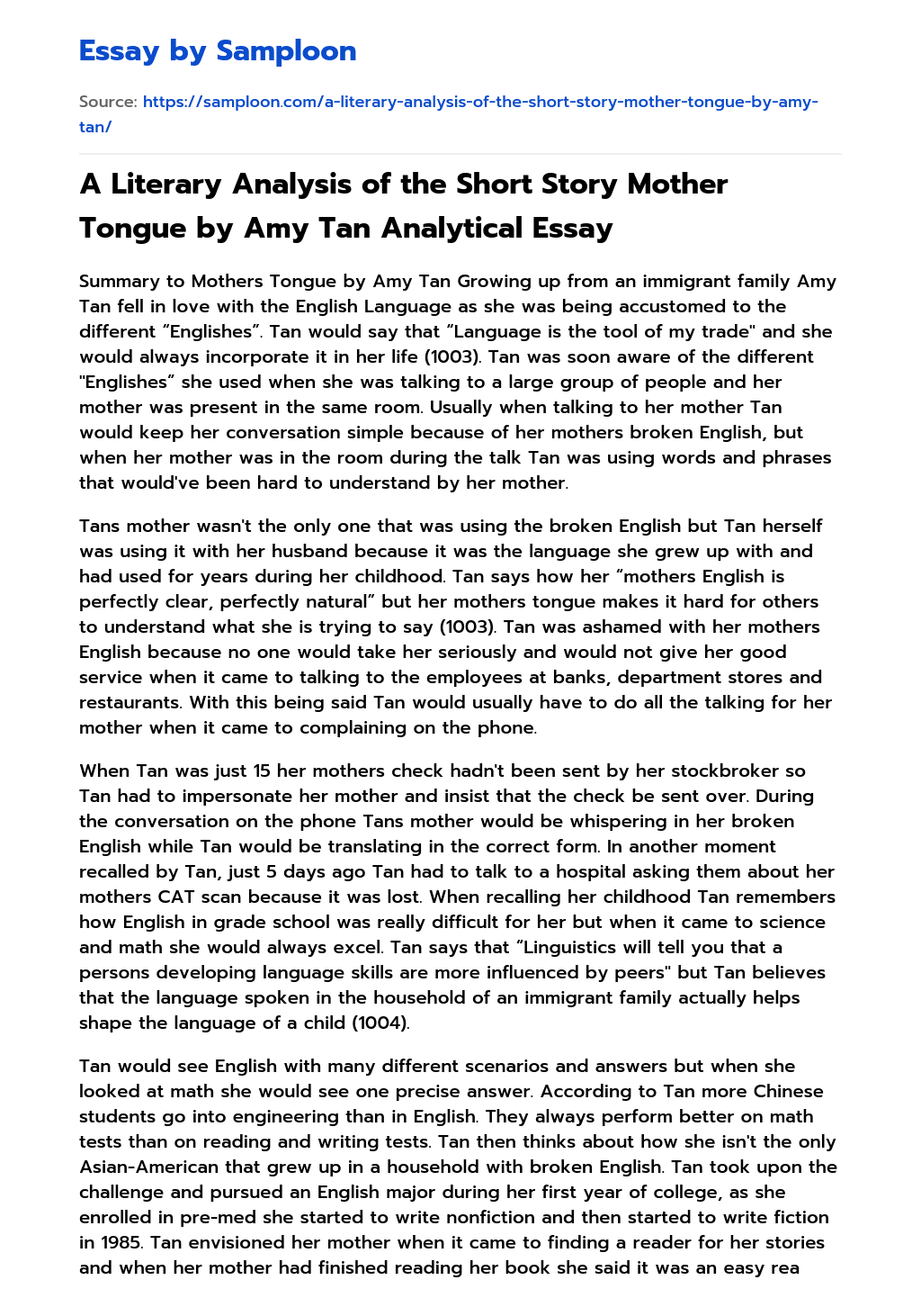 A Literary Analysis of the Short Story Mother Tongue by Amy Tan Analytical Essay essay