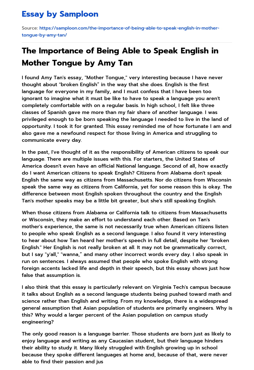The Importance of Being Able to Speak English in Mother Tongue by Amy Tan essay