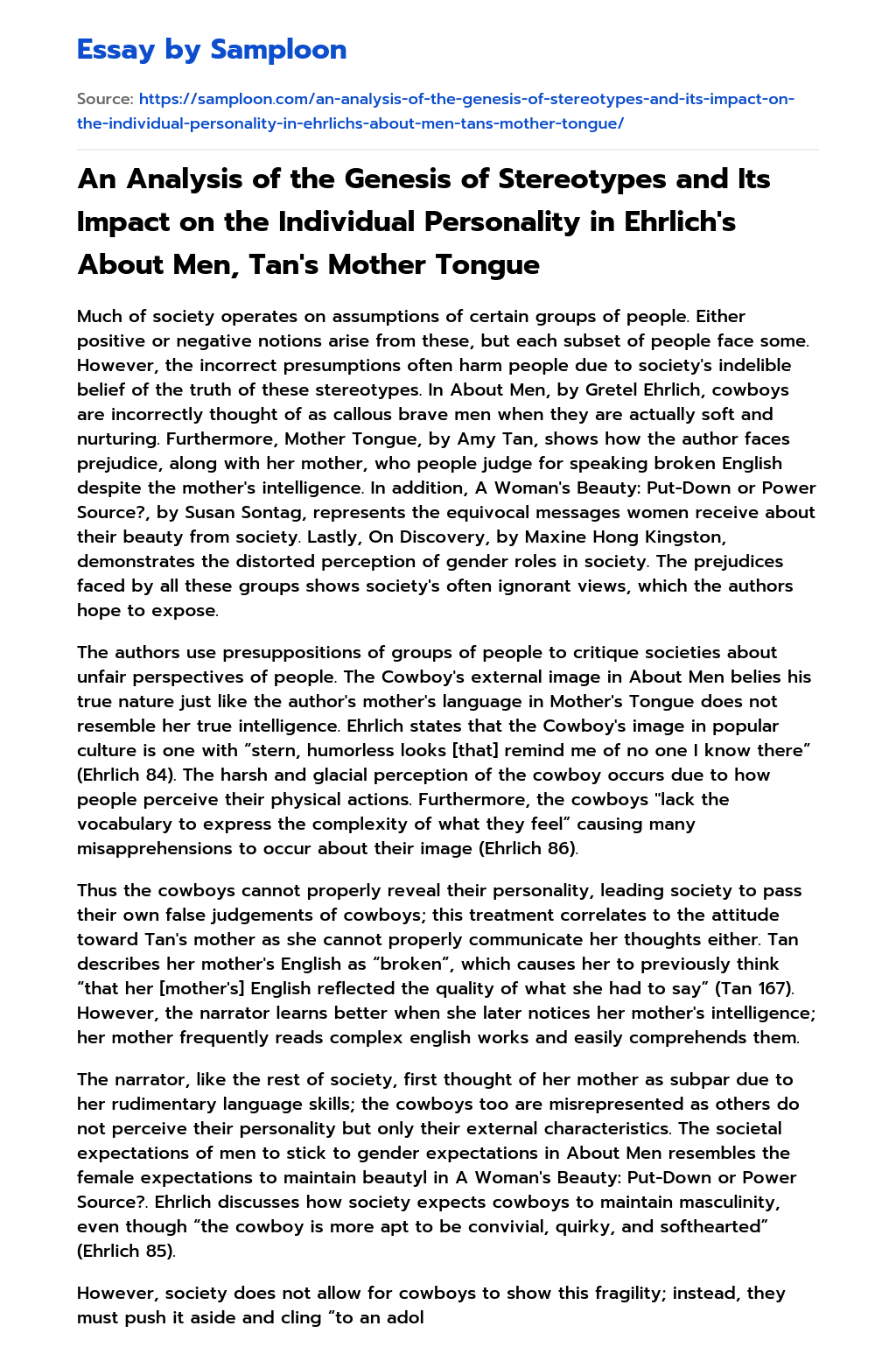 An Analysis of the Genesis of Stereotypes and Its Impact on the Individual Personality in Ehrlich’s About Men, Tan’s Mother Tongue essay