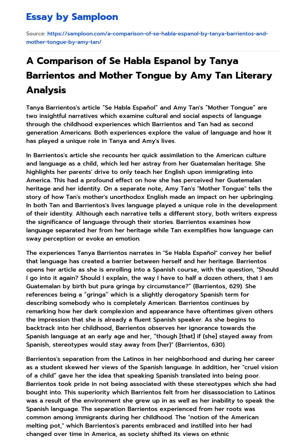 A Comparison of Se Habla Espanol by Tanya Barrientos and Mother Tongue by Amy Tan Literary Analysis essay