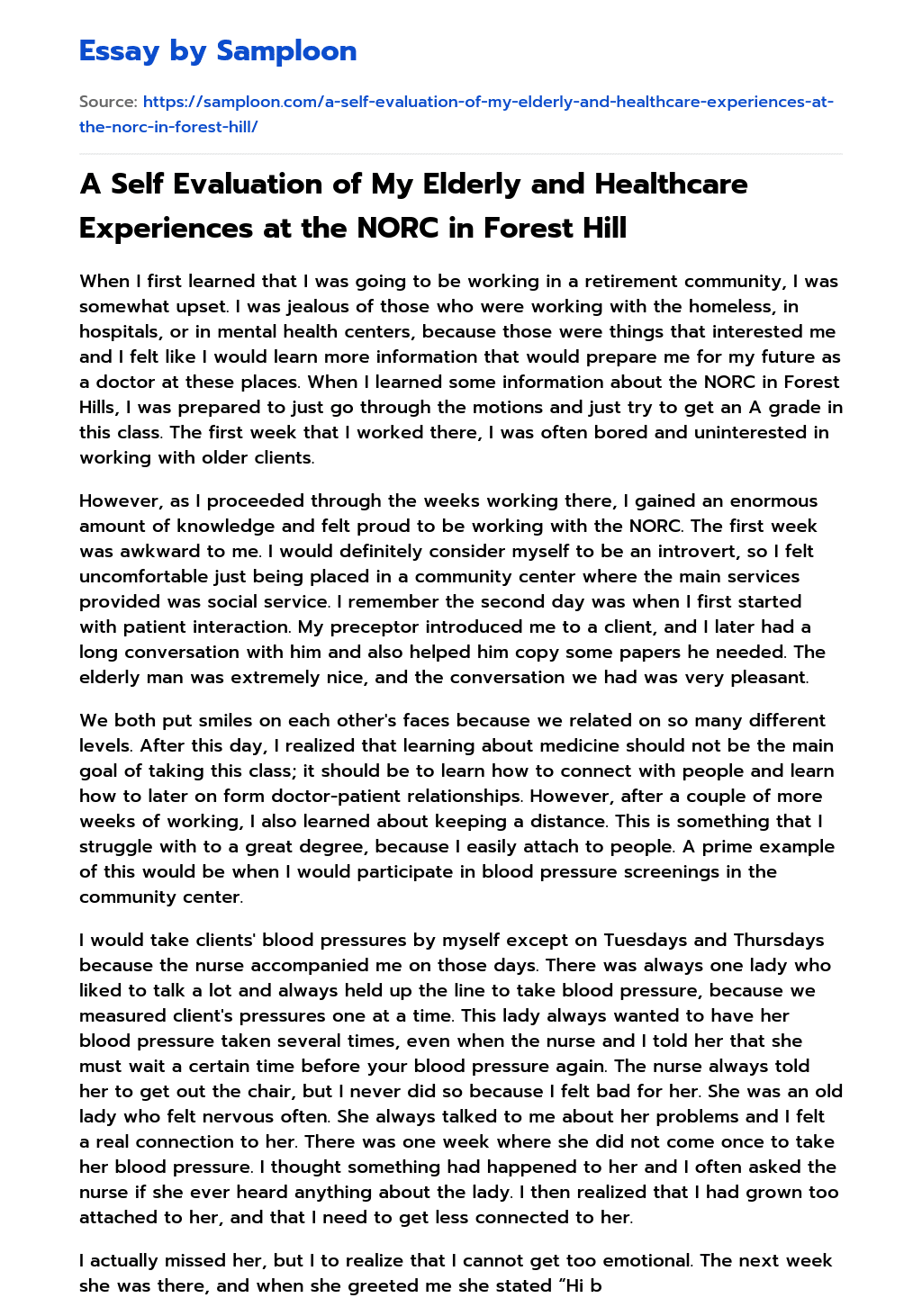 A Self Evaluation of My Elderly and Healthcare Experiences at the NORC in Forest Hill essay
