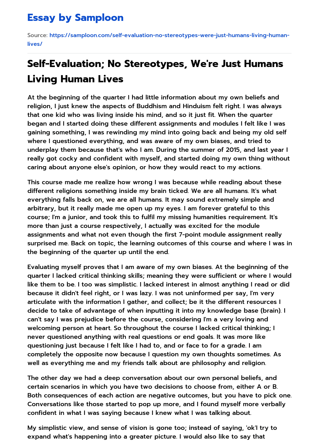 Self-Evaluation; No Stereotypes, We’re Just Humans Living Human Lives essay
