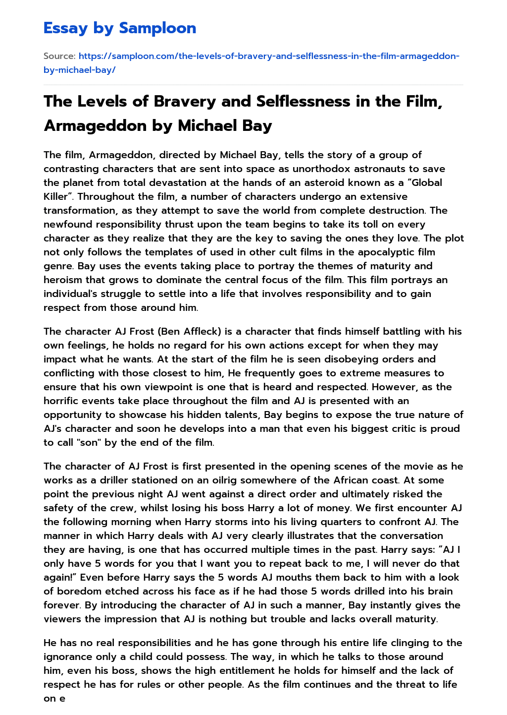 The Levels of Bravery and Selflessness in the Film, Armageddon by Michael Bay essay