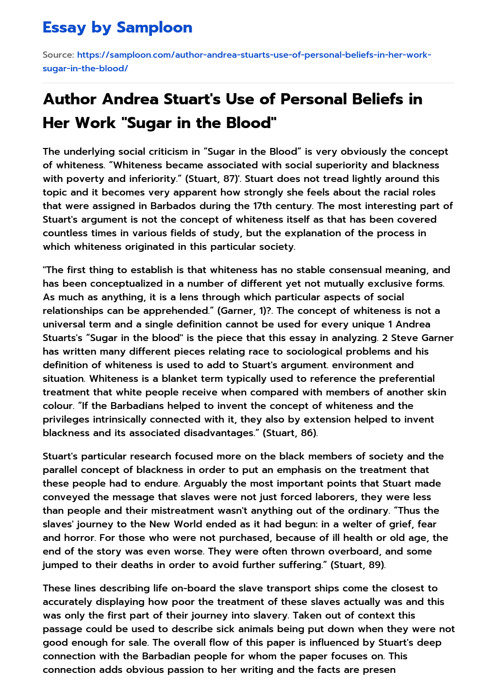 Author Andrea Stuart’s Use of Personal Beliefs in Her Work “Sugar in the Blood” essay