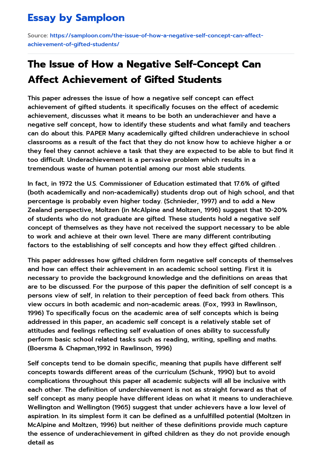 The Issue of How a Negative Self-Concept Can Affect Achievement of Gifted Students essay