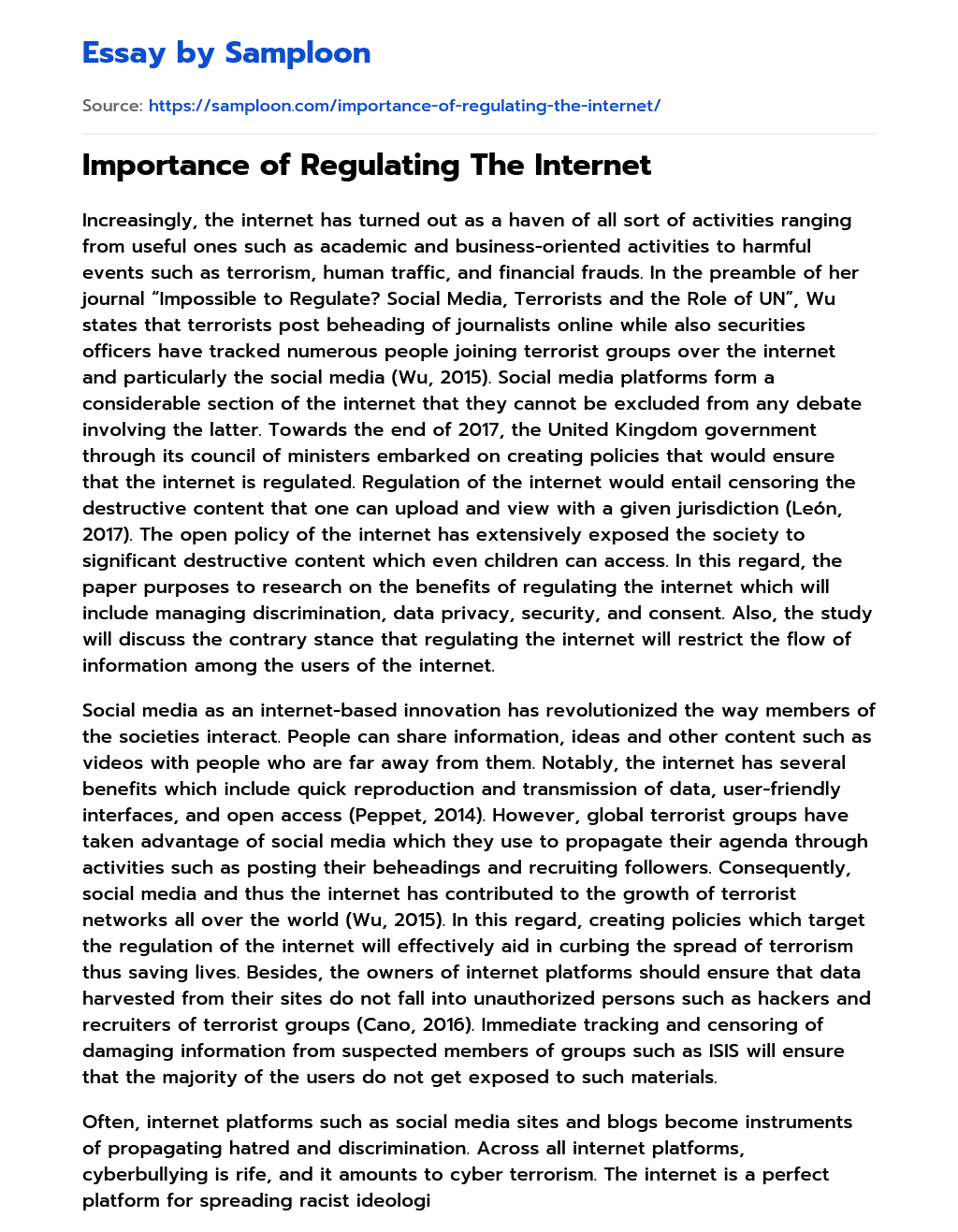Importance of Regulating The Internet essay