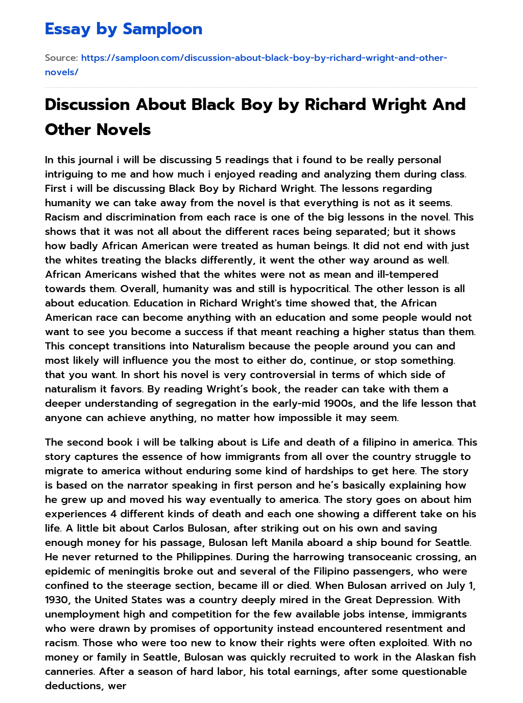 Discussion About Black Boy by Richard Wright And Other Novels essay