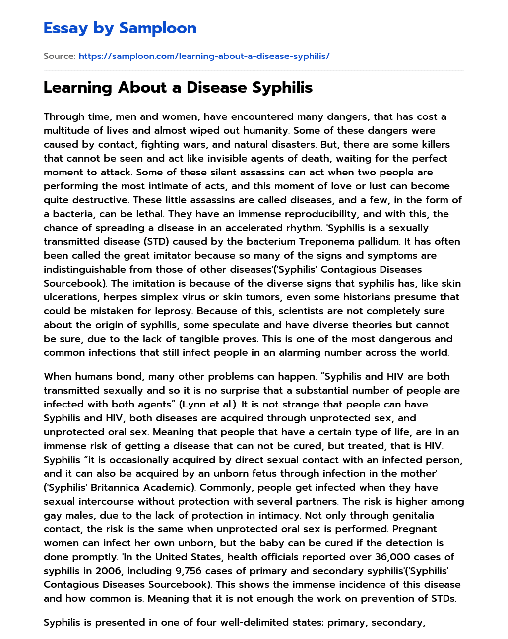 Learning About a Disease Syphilis essay
