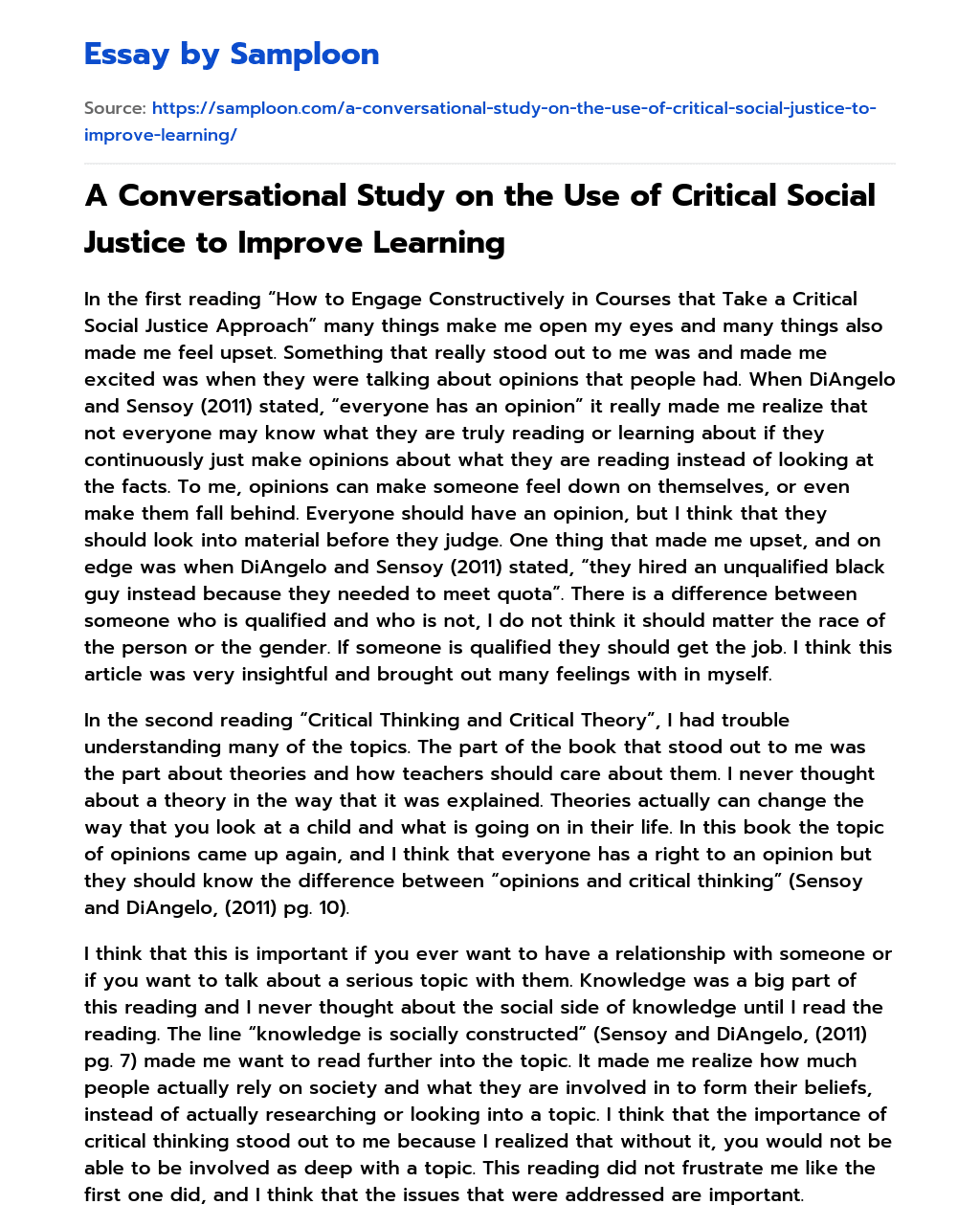 A Conversational Study on the Use of Critical Social Justice to Improve Learning essay