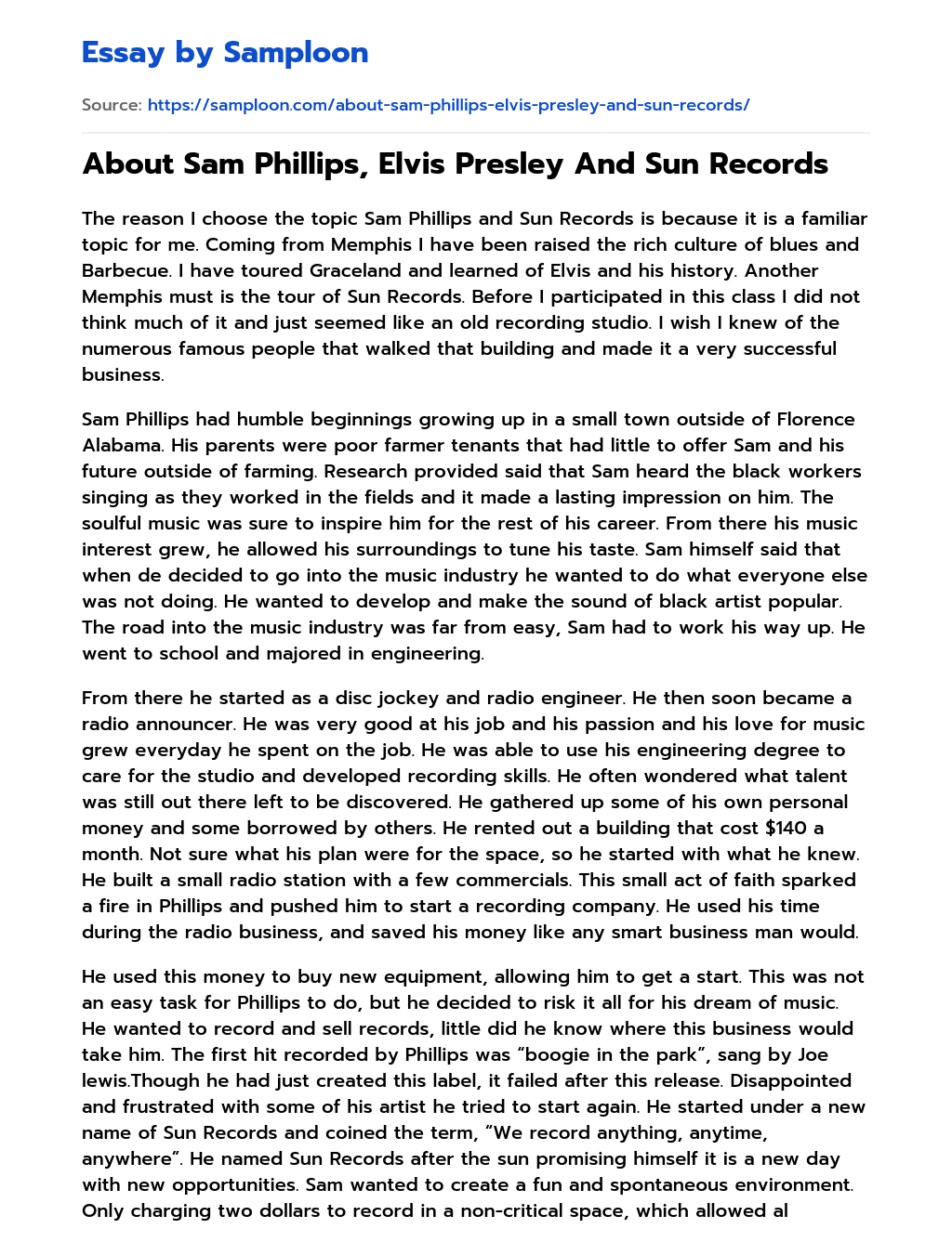 About Sam Phillips, Elvis Presley And Sun Records essay