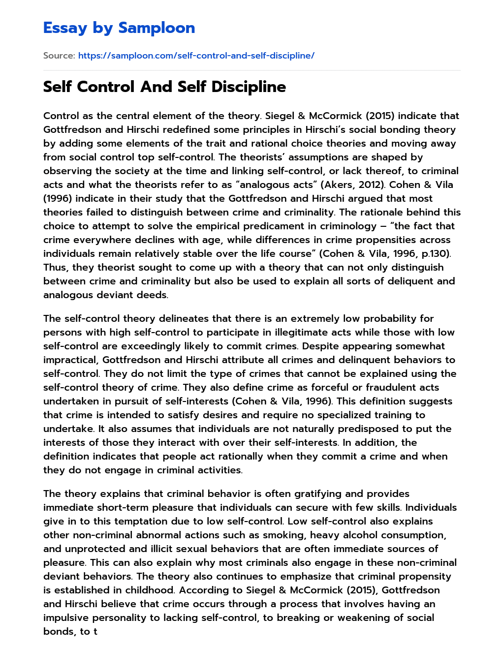 Self Control And Self Discipline essay