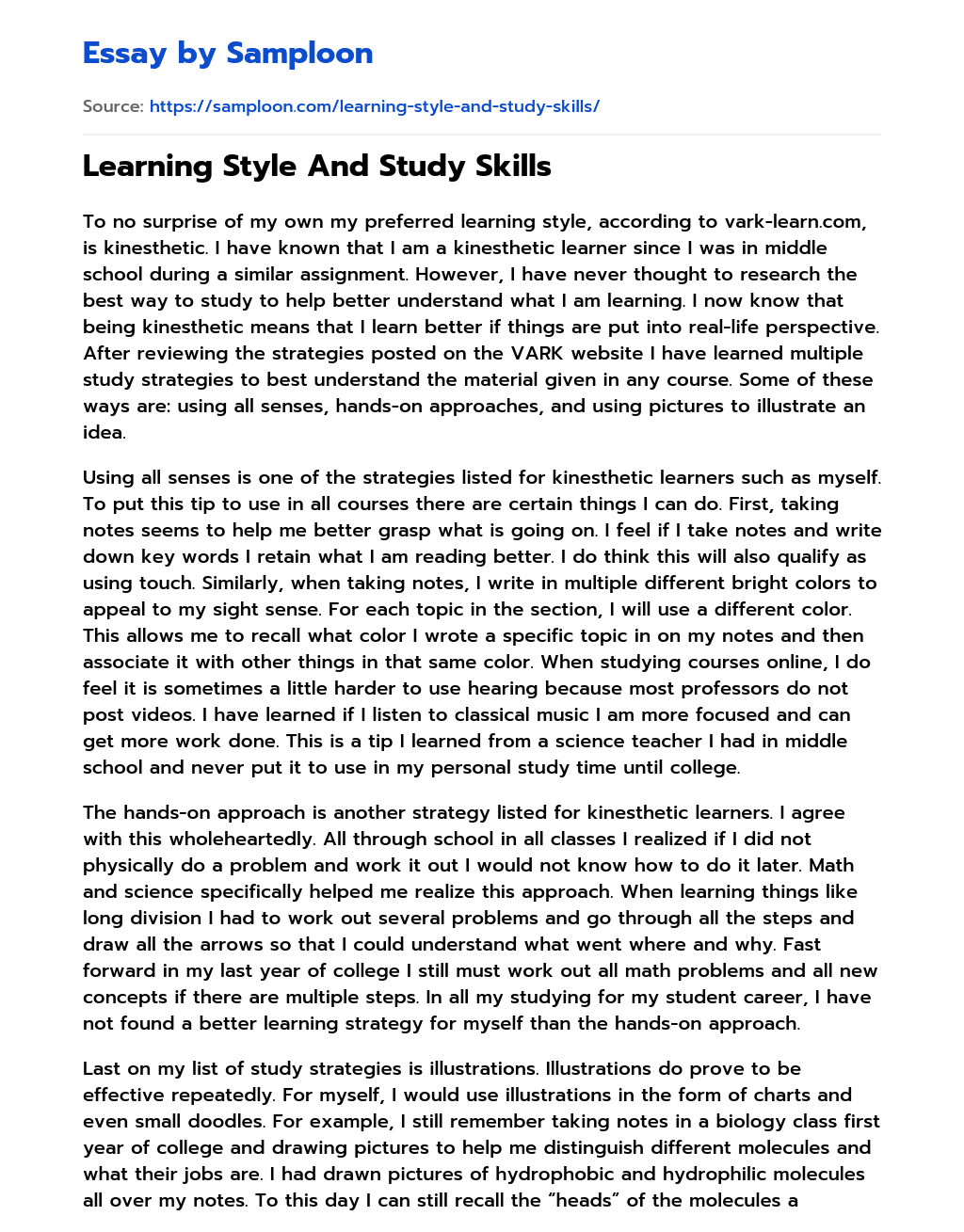 Learning Style And Study Skills essay