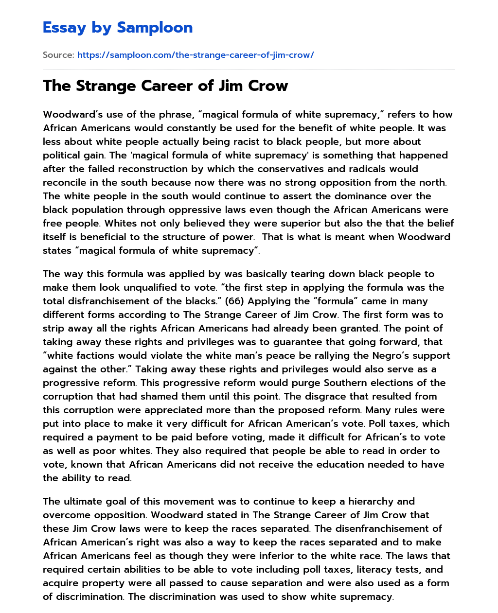 The Strange Career of Jim Crow essay