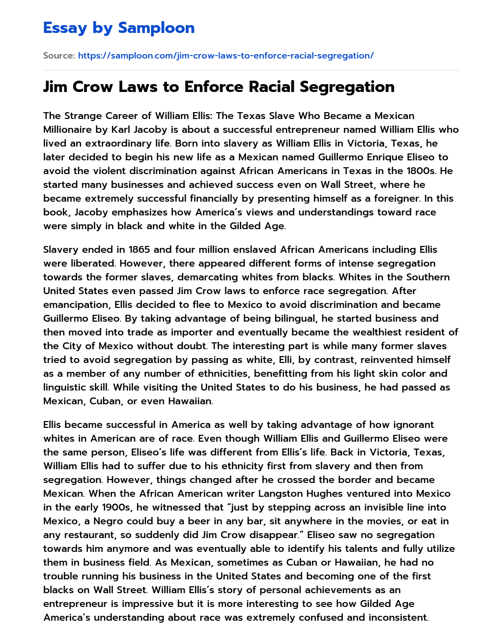 Jim Crow Laws to Enforce Racial Segregation essay