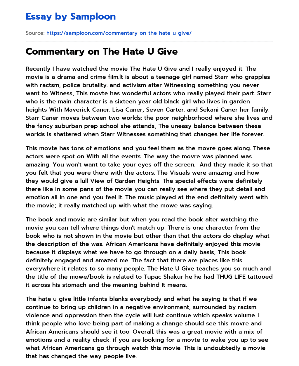 Commentary on The Hate U Give essay