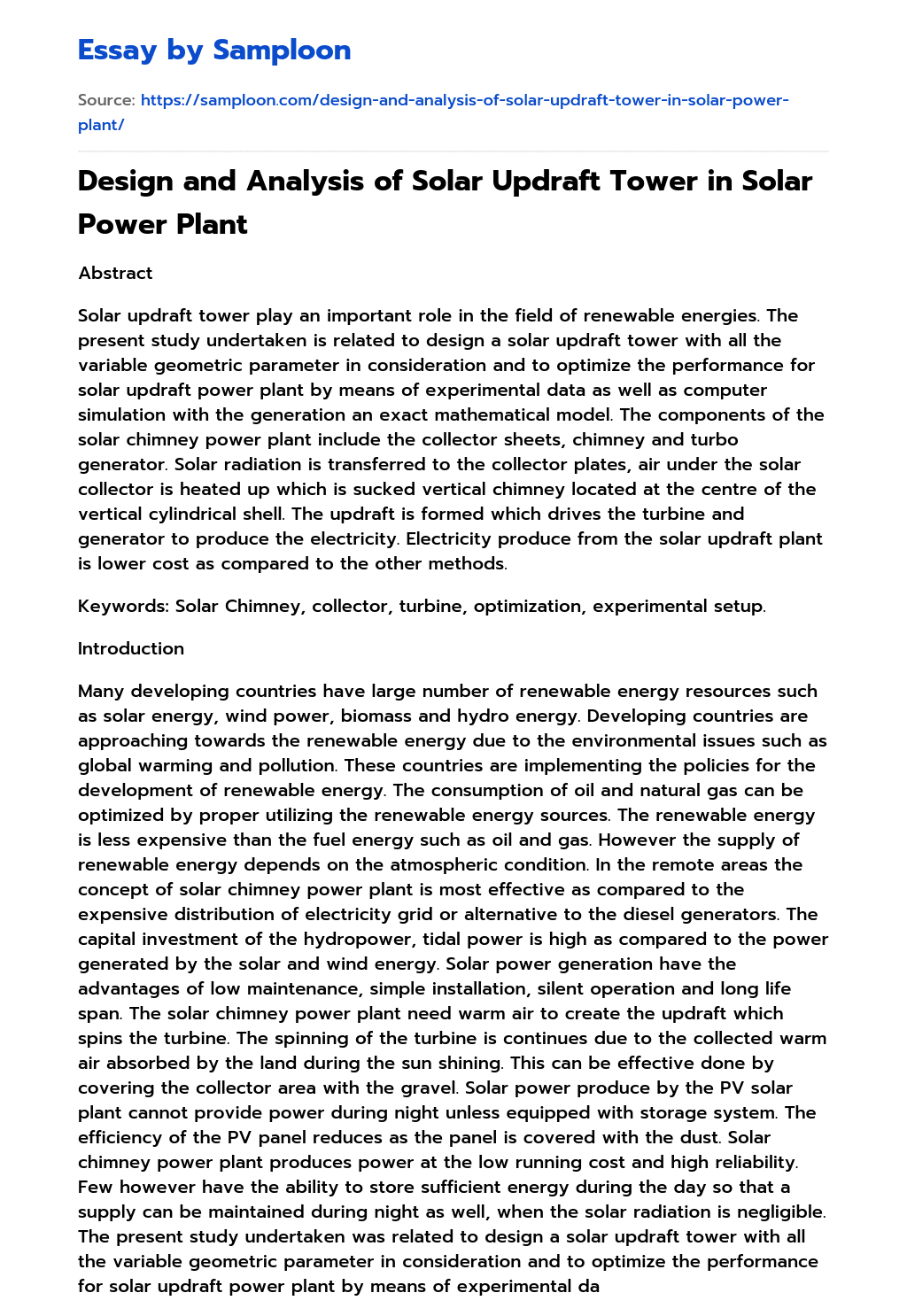 Design and Analysis of Solar Updraft Tower in Solar Power Plant essay