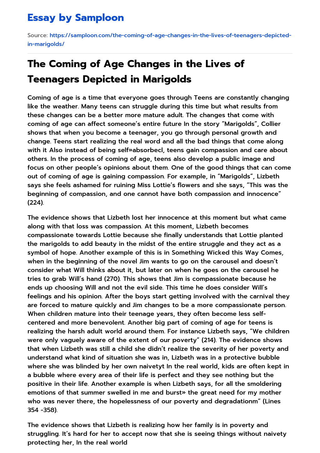 The Coming of Age Changes in the Lives of Teenagers Depicted in Marigolds essay