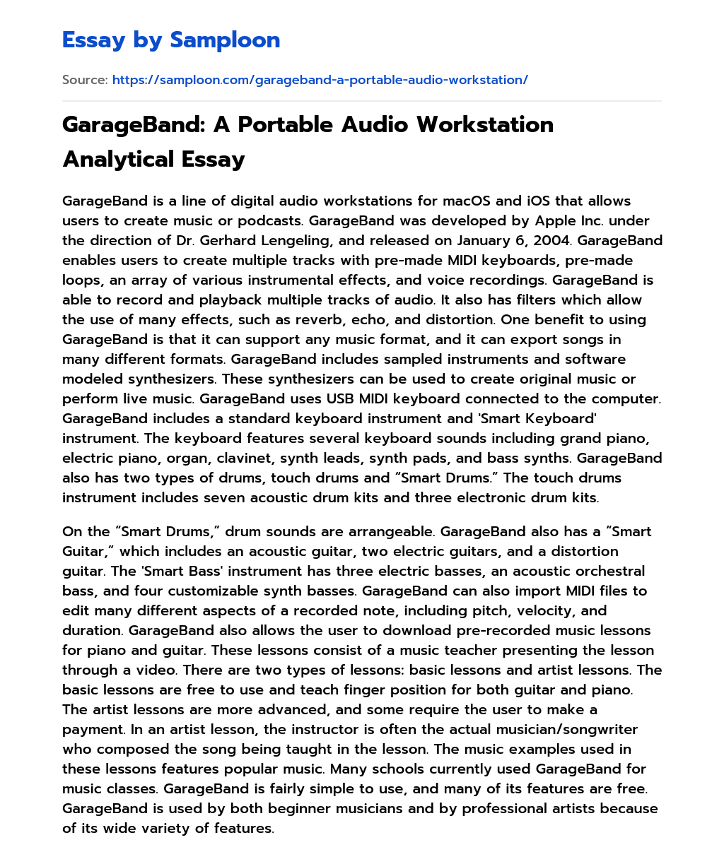 GarageBand: A Portable Audio Workstation Analytical Essay essay