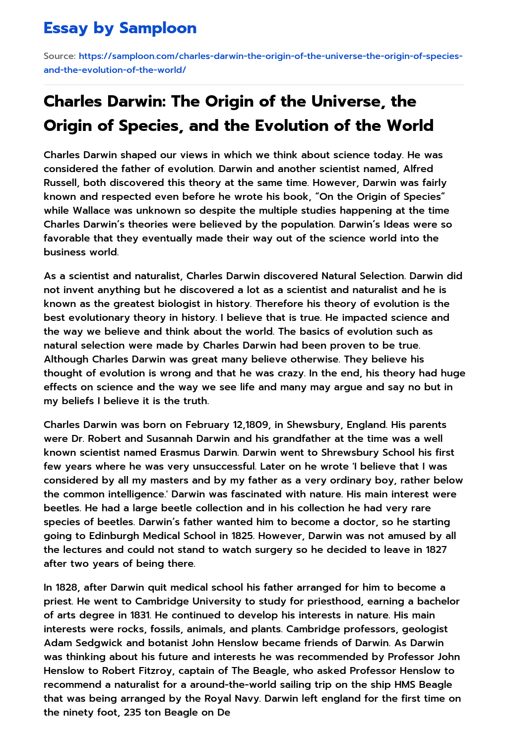 Charles Darwin: The Origin of the Universe, the Origin of Species, and the Evolution of the World essay