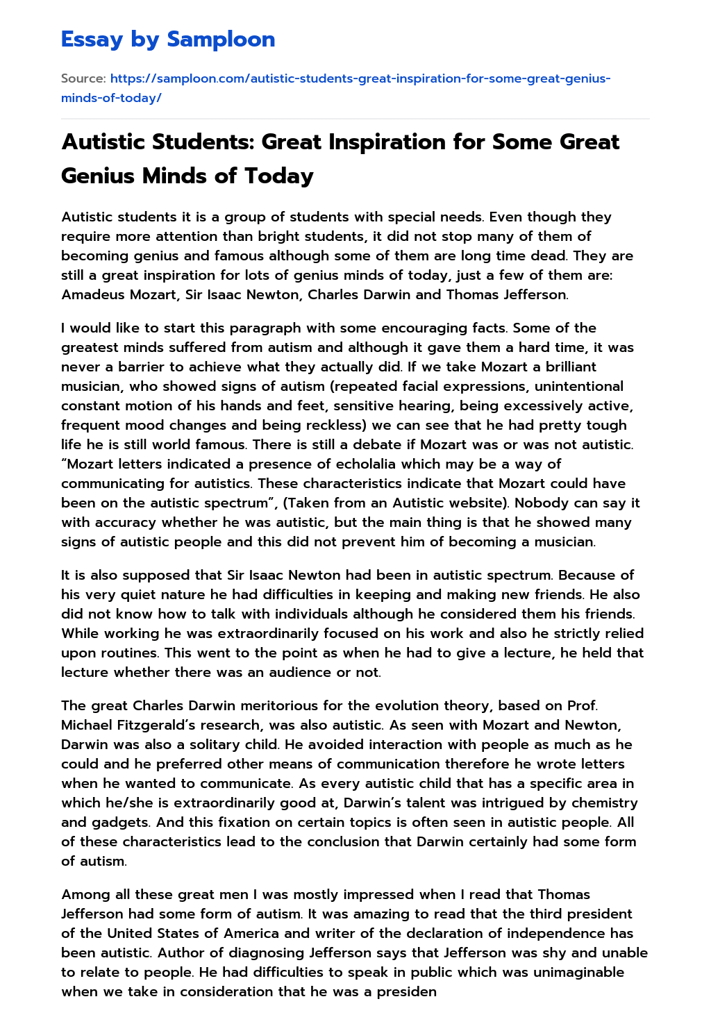 Autistic Students: Great Inspiration for Some Great Genius Minds of Today essay