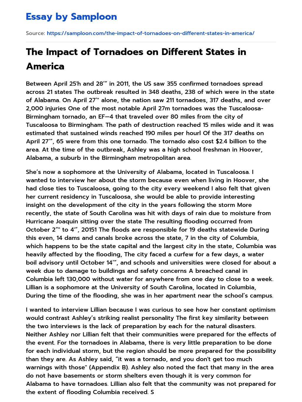 The Impact of Tornadoes on Different States in America essay
