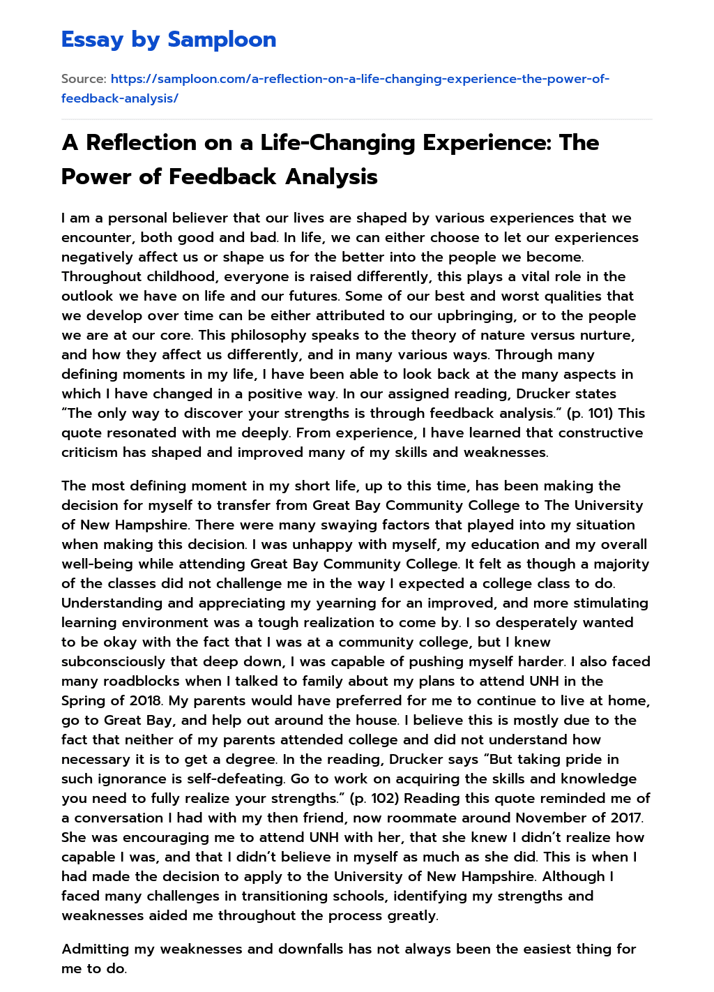 A Reflection on a Life-Changing Experience: The Power of Feedback Analysis essay
